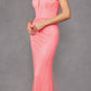 Juliet JT2470S Vestido largo formal de cuello V, con corsé deshuesado y falda ajustada de malla de red