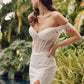 Juliet JT2471LW Long Off the Shoulder Fringe Sleeve Fitted Wedding Gown