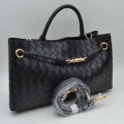 Woven Checkerboard Top-Handle Tote Bag with Detachable Crossbody Strap