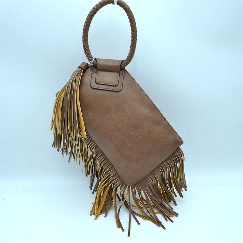 Fringe Accent Clutch Bag with Braided Circular Top Handle