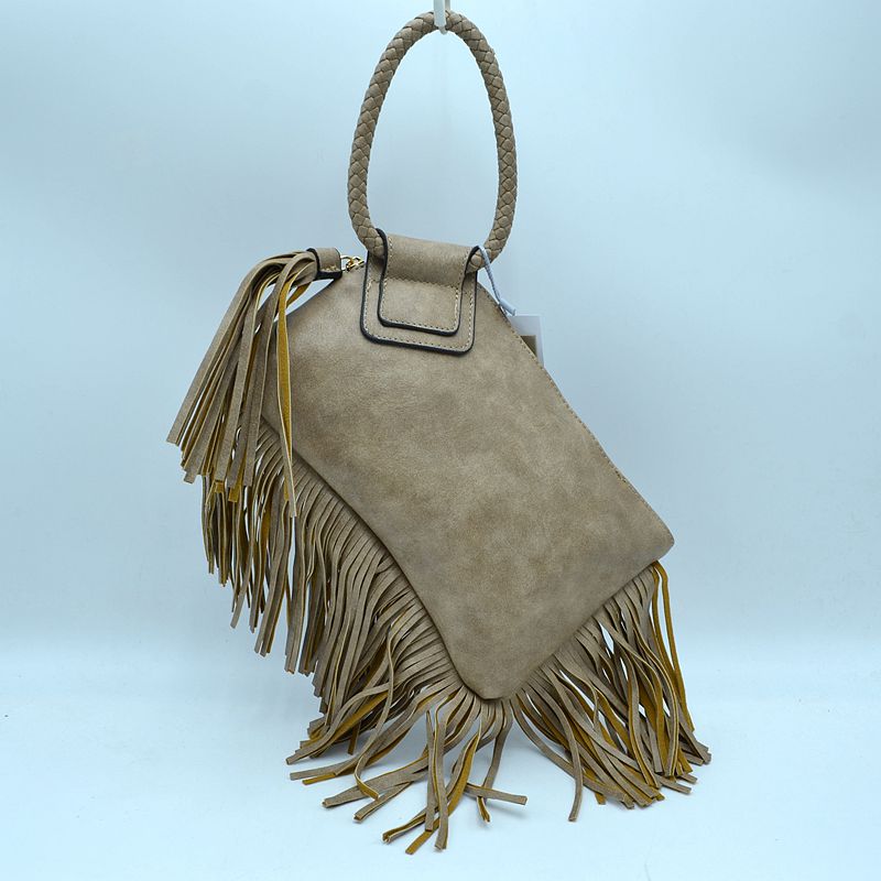 Fringe Accent Clutch Bag with Braided Circular Top Handle