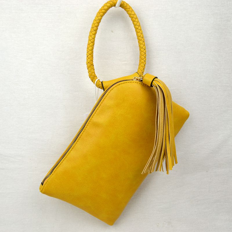 Fringe Accent Clutch Bag with Braided Circular Top Handle