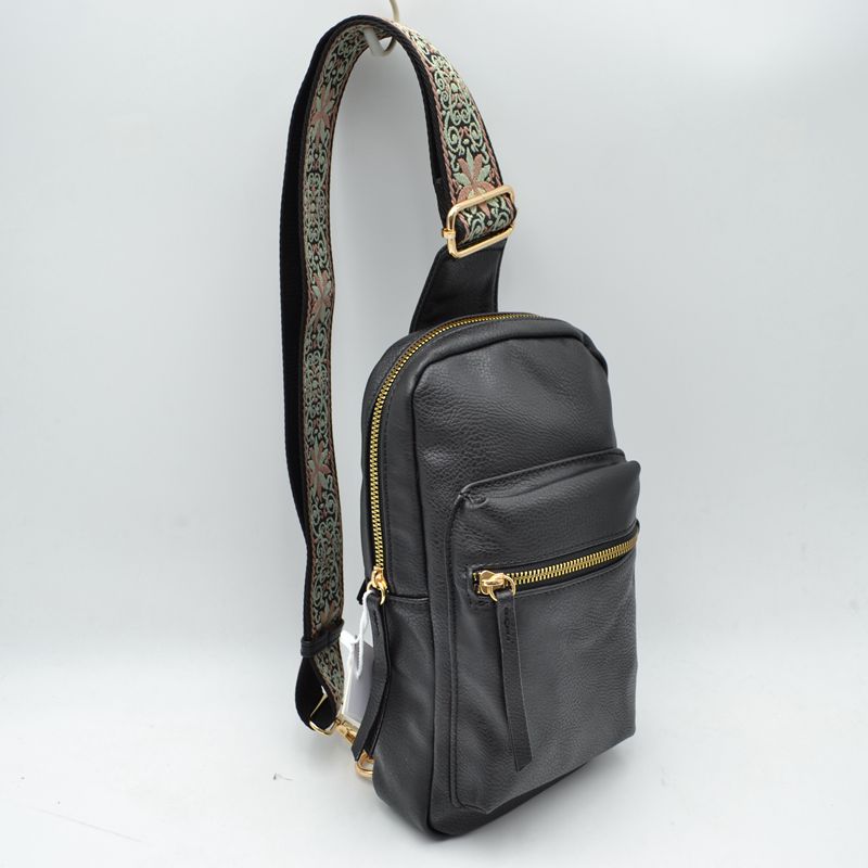 Patterned Strap Sling Bag with Zipper Pockets