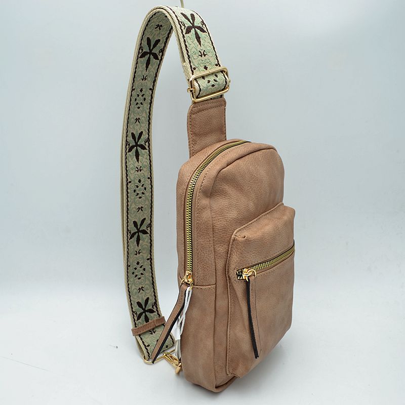 Patterned Strap Sling Bag with Zipper Pockets