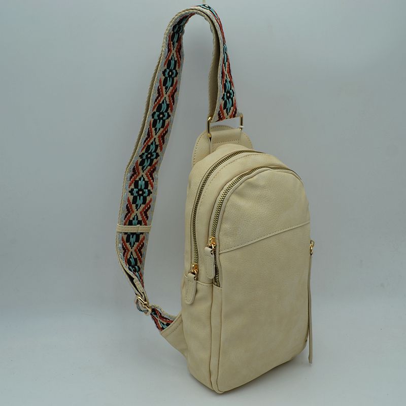 Multi-Zip Sling Backpack with Patterned Shoulder Strap