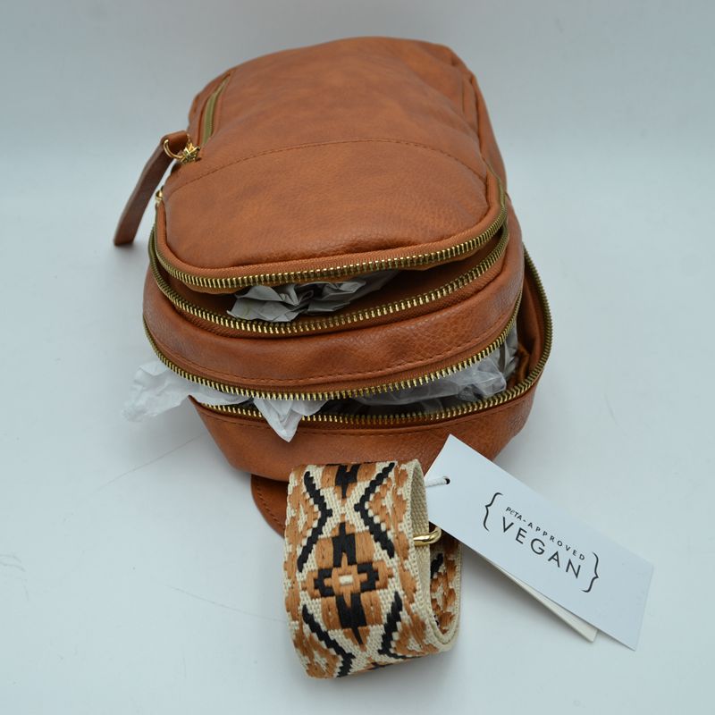 Multi-Zip Sling Backpack with Patterned Shoulder Strap