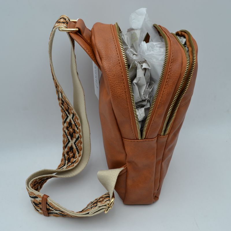 Multi-Zip Sling Backpack with Patterned Shoulder Strap