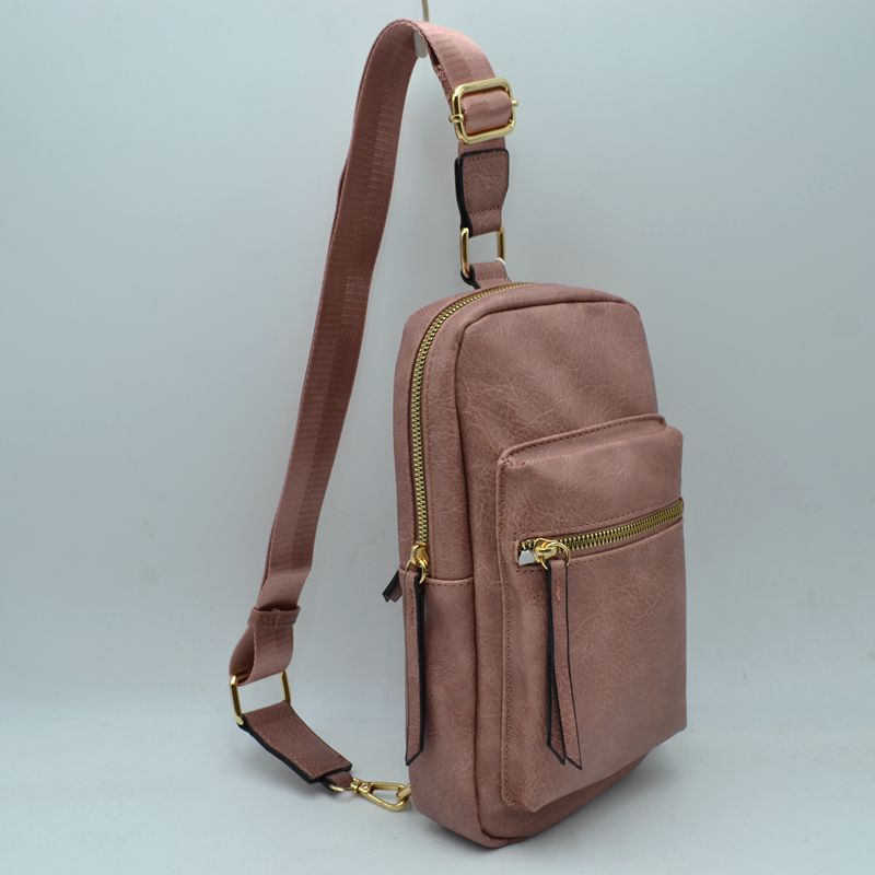 Grained Sling Bag with Metallic Zippers