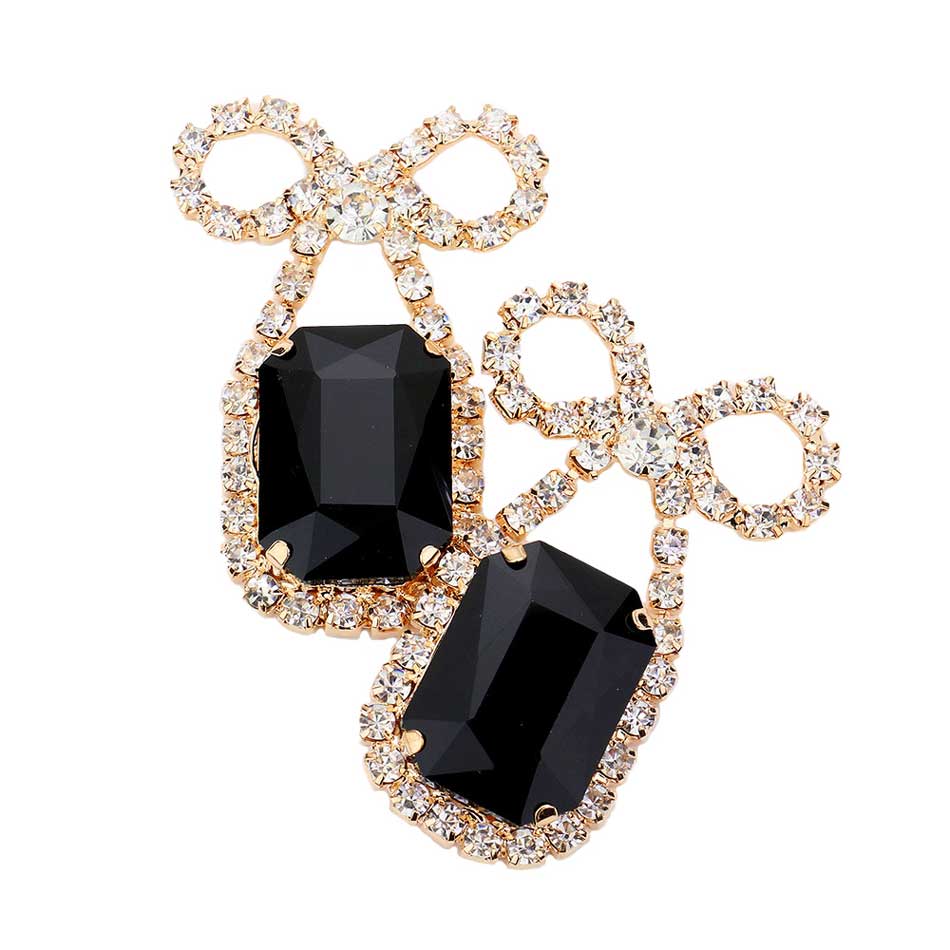Rhinestone Bow Emerald Cut Stone Evening Earrings