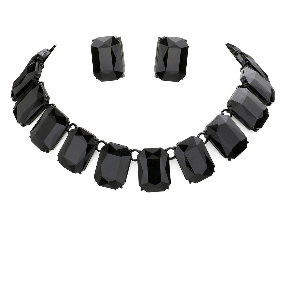Emerald Cut Stone Link Evening Necklace Earring Set