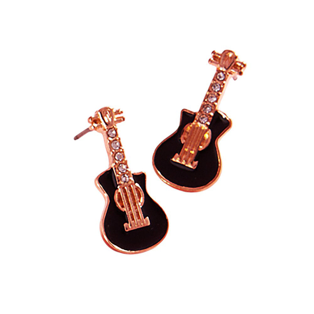 Stone Paved Enamel Guitar Stud Earrings