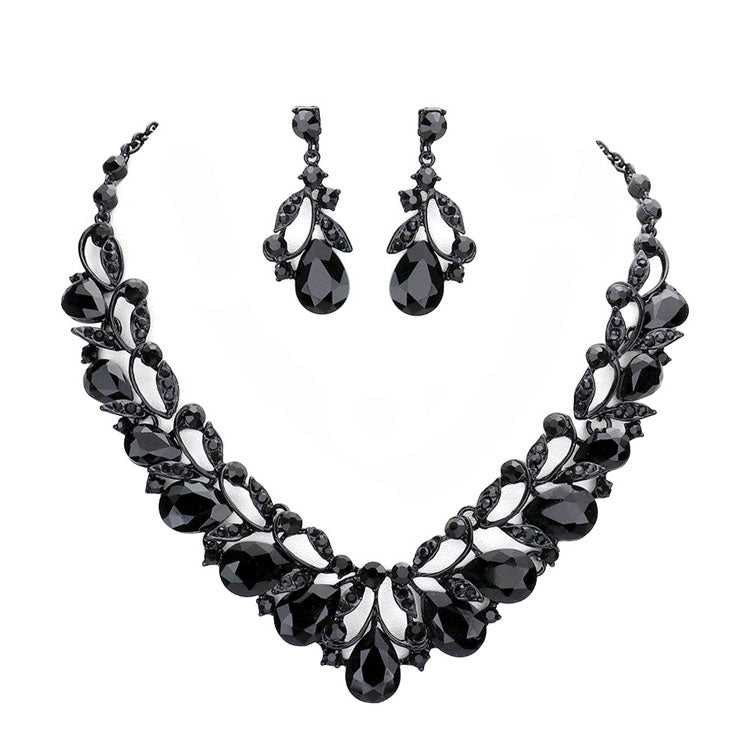 Teardrop Accented Stone Embellished Leaf Evening Necklace