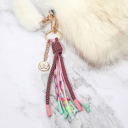 Butterfly Embossed Coin Drop HAPPY ZEW Message Beaded Rope Tassel Keychain Bag Charm