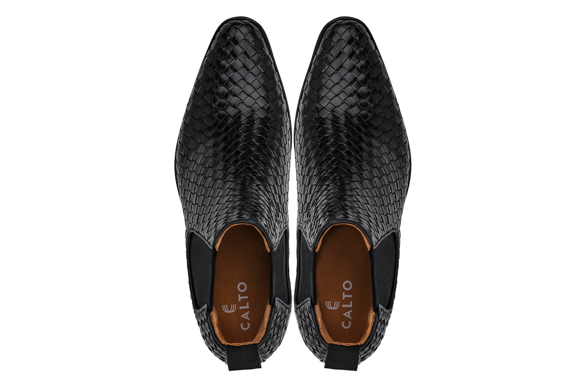 CALTO - K30521 - 3.3 Inches Taller (Black) - Woven Slip-On High-Top Chelsea Ankle Boots