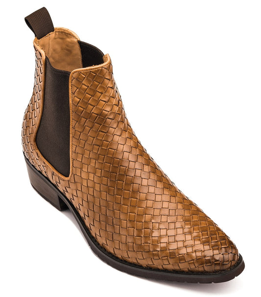 CALTO - K30522 - 3.3 Pulgadas Más Alto (Marrón) - Botines Chelsea Altos Tejidos sin Cordones