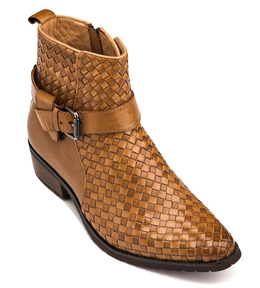 CALTO - K30524 - 3.3 pulgadas más alto (marrón claro) - Botas de tobillo altas con hebilla tejida y cremallera