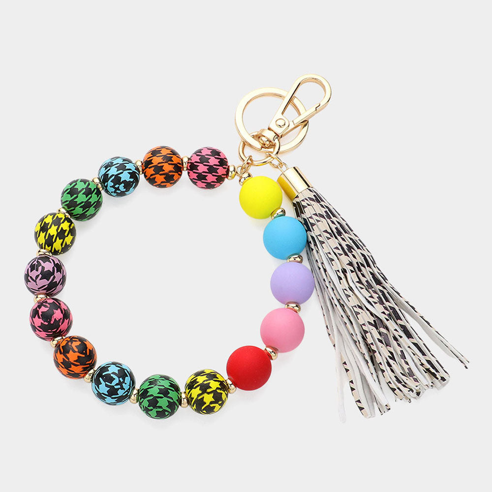 Houndstooth Patterned Beaded Tassel Keychain / Bracelet