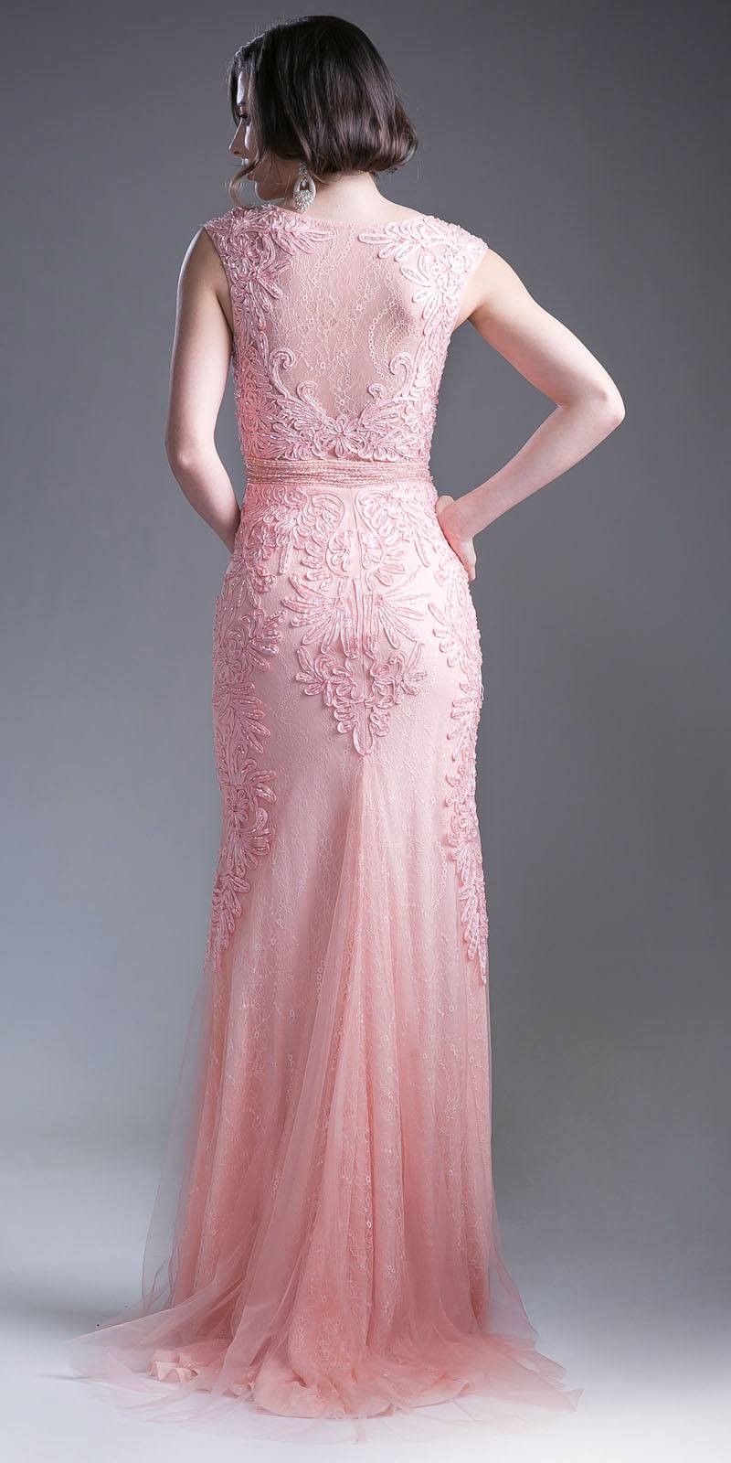 OFERTA - Vestido largo de encaje color melocotón ajustado con mangas casquillo Cinderella Divine KC1736 (Talla 6)