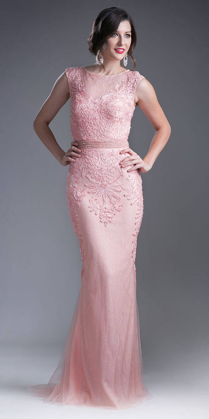 OFERTA - Vestido largo de encaje color melocotón ajustado con mangas casquillo Cinderella Divine KC1736 (Talla 6)