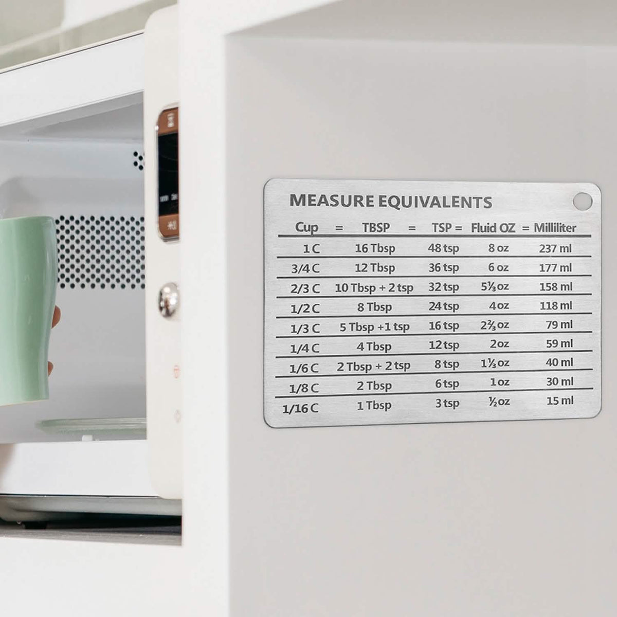 Tabla de conversión de medidas de acero inoxidable con imán fuerte para conversiones de tazas, cucharadas, cucharaditas, onzas líquidas y mililitros