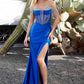 Vestido Ladivine KV1123, de noche, entallado, con hombros descubiertos y flecos