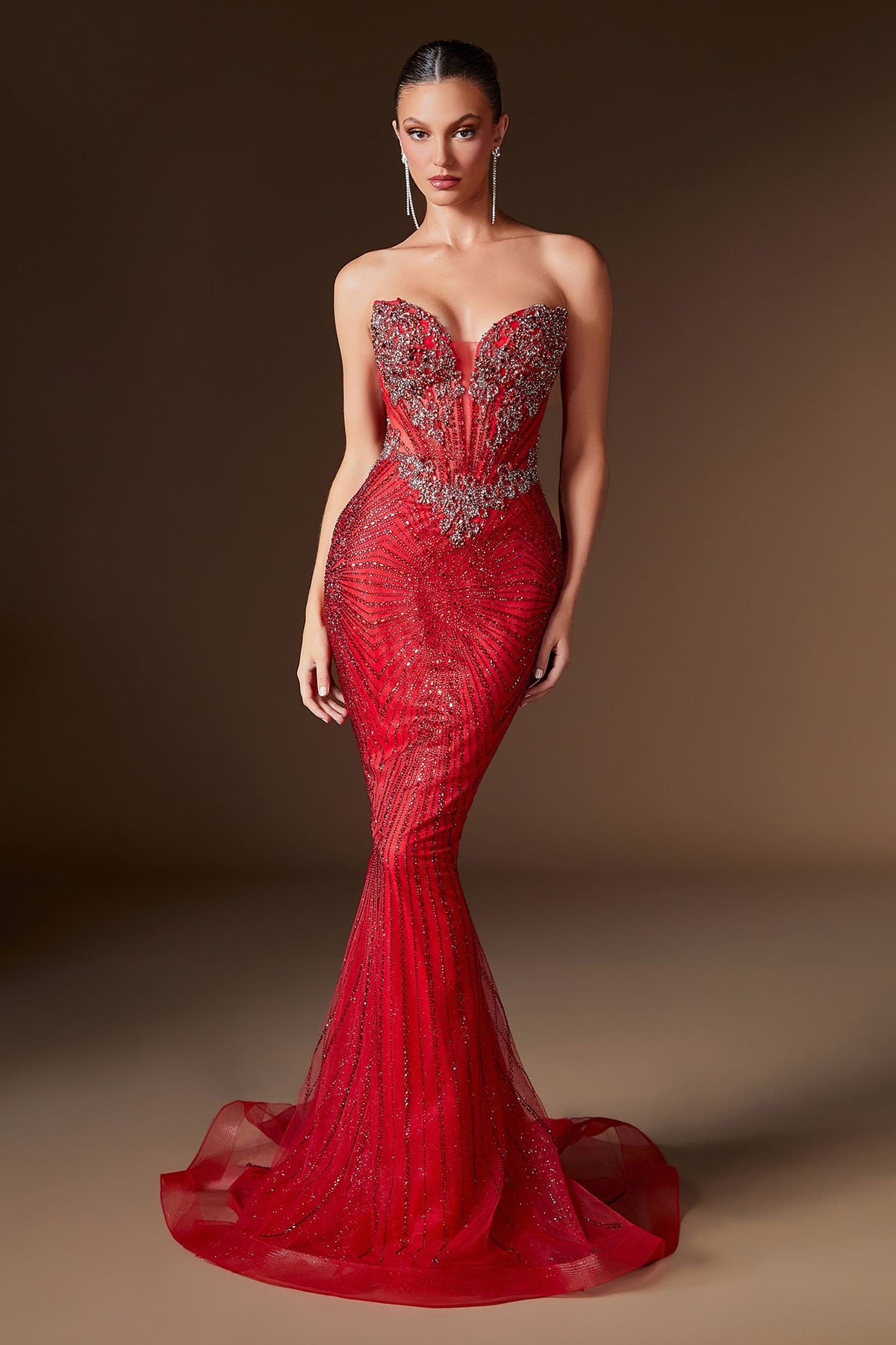 Vestido de noche Ladivine KV1129 sin tirantes con escote corazón y pedrería lineal de cristal