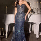 Vestido de Noche Sirena sin Tirantes Ladivine KV1139 con Escote Corazón y Corsé de Cuentas