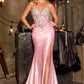 Vestido largo sin tirantes entallado Ladivine KV1142 Sultry con aberturas hasta el muslo y adornos de cristal