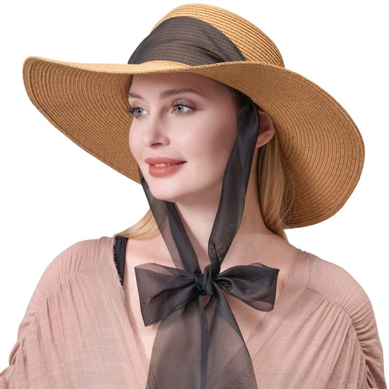 Mesh Ribbon Floppy Straw Sun Hat