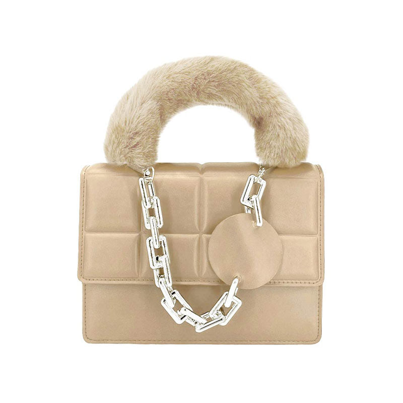 Solid Faux Fur Handle Tote Crossbody Bag