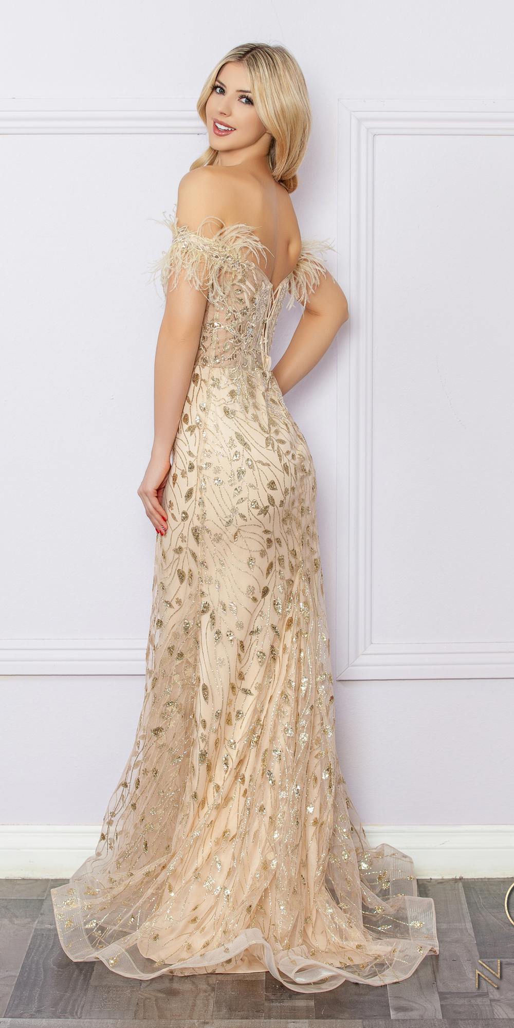 Nox Anabel L1255 Vestido largo ajustado con apliques bordados de purpurina