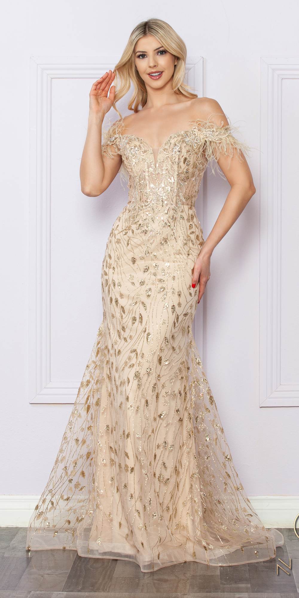 Nox Anabel L1255 Vestido largo ajustado con apliques bordados de purpurina