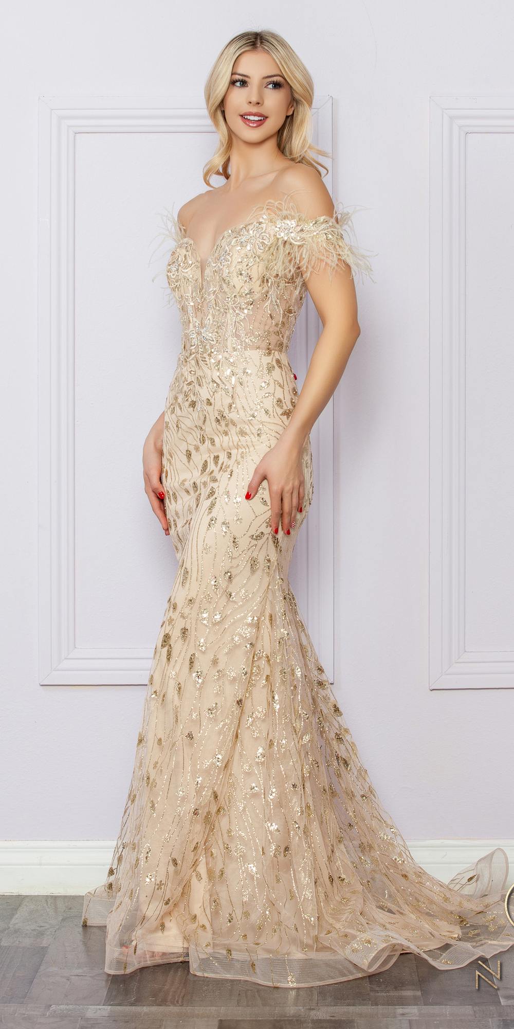 Nox Anabel L1255 Vestido largo ajustado con apliques bordados de purpurina