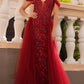 Nox Anabel L1362 Vestido de tul largo con sobrefalda, hombros descubiertos y apliques