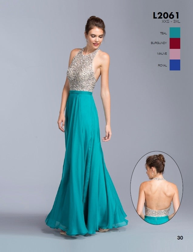 OFERTA - Vestido largo formal de corte A con cuello halter y espalda abierta Aspeed L2061 (Talla XXS)