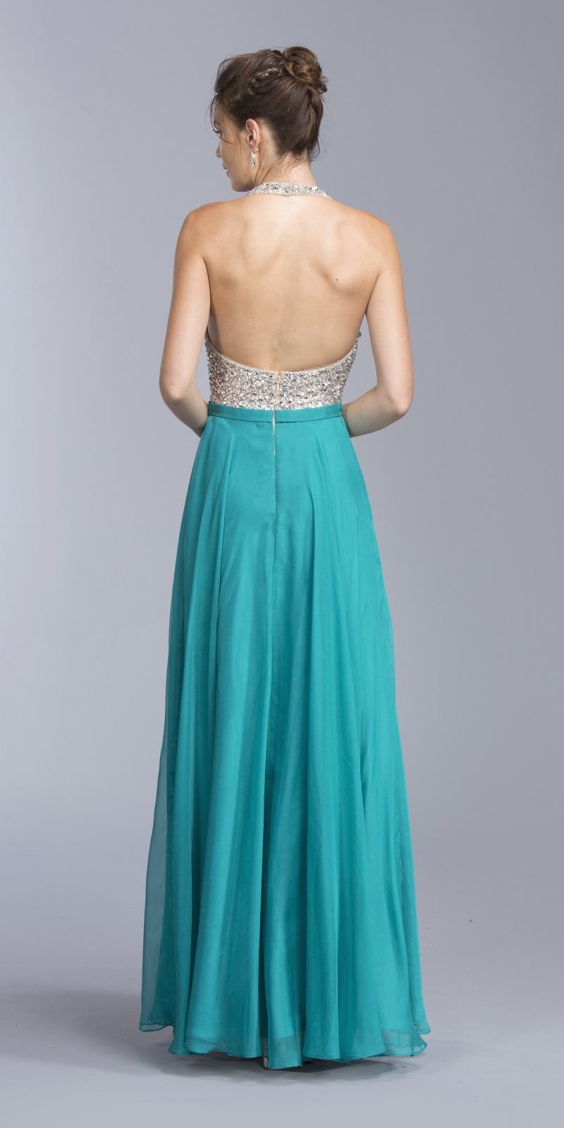 OFERTA - Vestido largo formal de corte A con cuello halter y espalda abierta Aspeed L2061 (Talla XXS)
