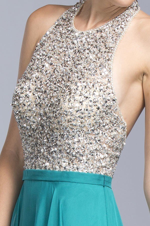 OFERTA - Vestido largo formal de corte A con cuello halter y espalda abierta Aspeed L2061 (Talla XXS)
