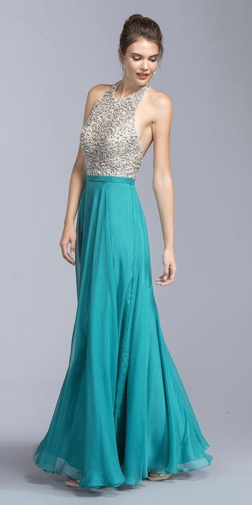 OFERTA - Vestido largo formal de corte A con cuello halter y espalda abierta Aspeed L2061 (Talla XXS)