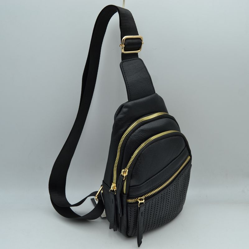 Perforated Crossbody Sling Bag with Triple Zipper Pockets