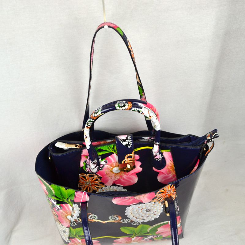 2-Piece Patent Floral Tote Bag and Matching Satchel Set