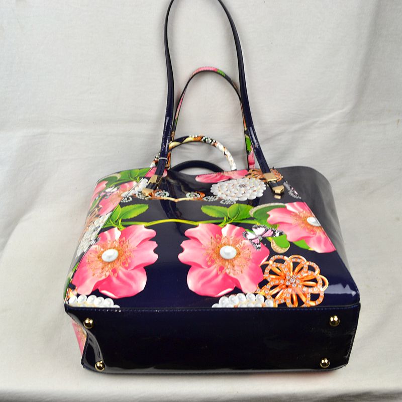 2-Piece Patent Floral Tote Bag and Matching Satchel Set