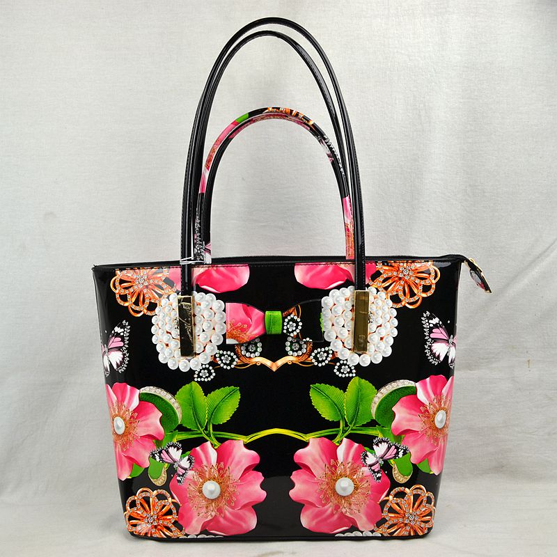 Glossy Patent Floral Tote Bag with Bow Accent and Double Handles