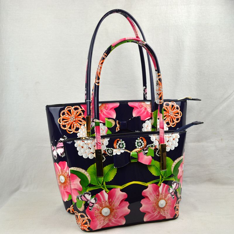 Glossy Patent Floral Tote Bag with Bow Accent and Double Handles
