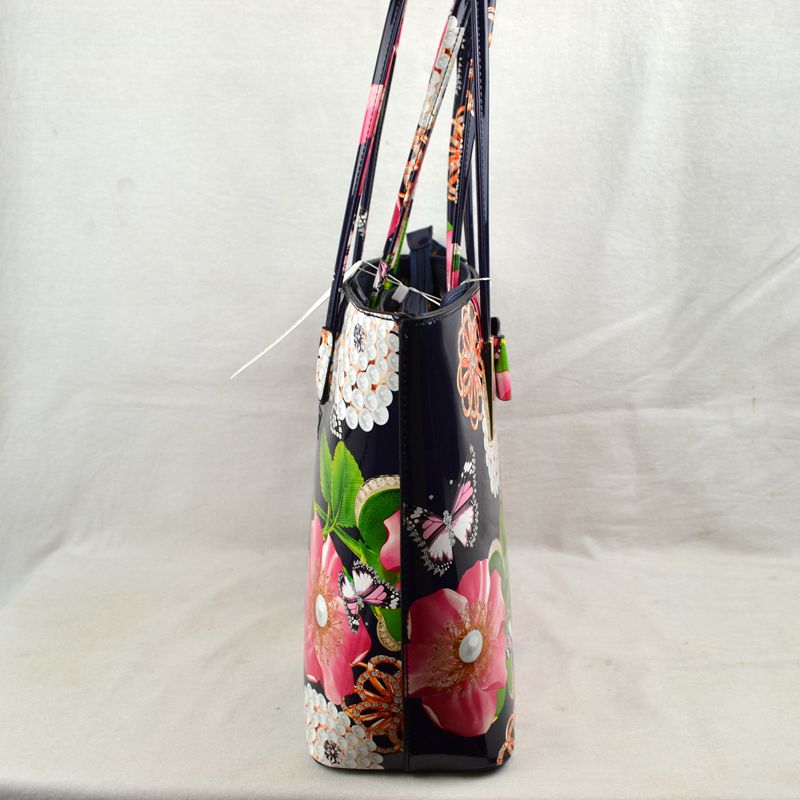 Glossy Patent Floral Tote Bag with Bow Accent and Double Handles