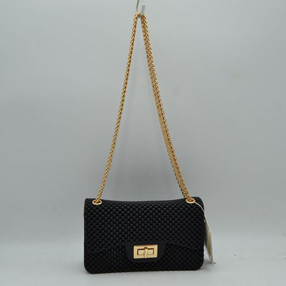 Textured Flap Shoulder Bag with Metallic Chain Strap