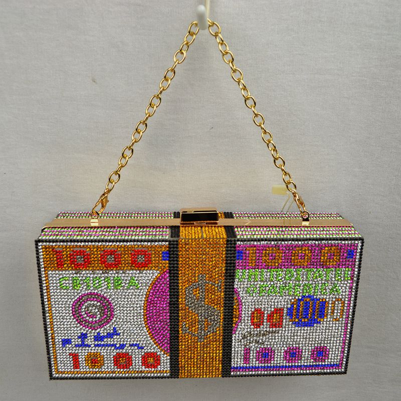 Rhinestone Money Clutch Bag with Removable Chain Strap