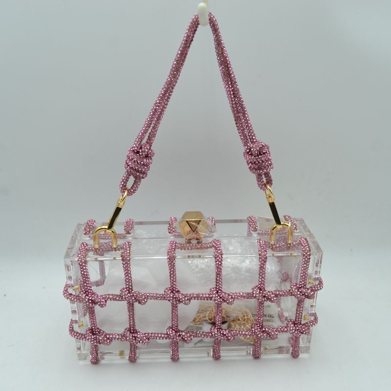 Box Clutch Bag with Cage Overlay and Cord Top Handle