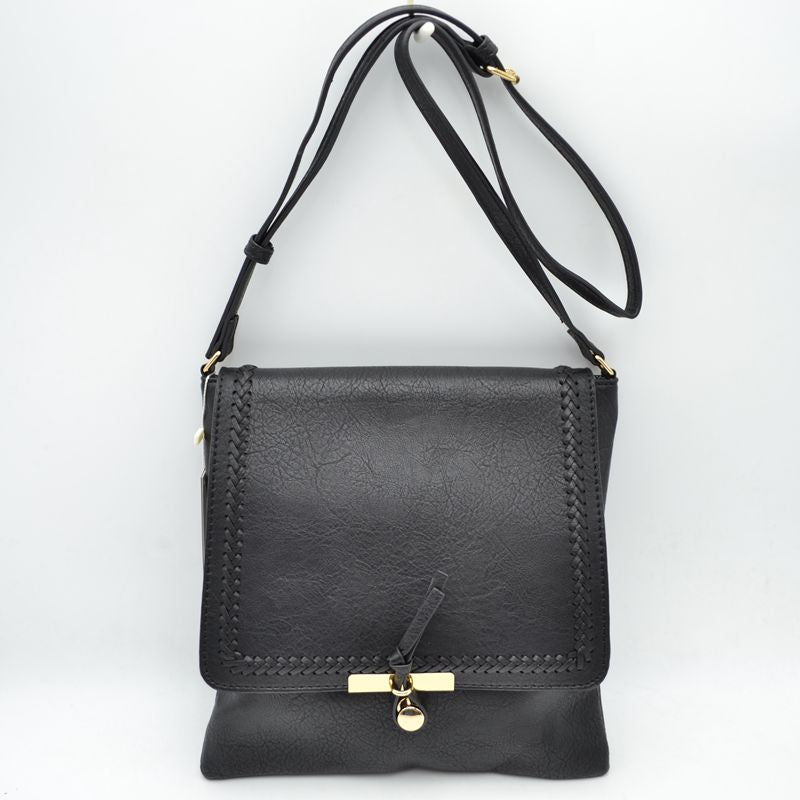 Braided Trim Flap Messenger Crossbody Bag with Metallic Bar T-Lock Closure