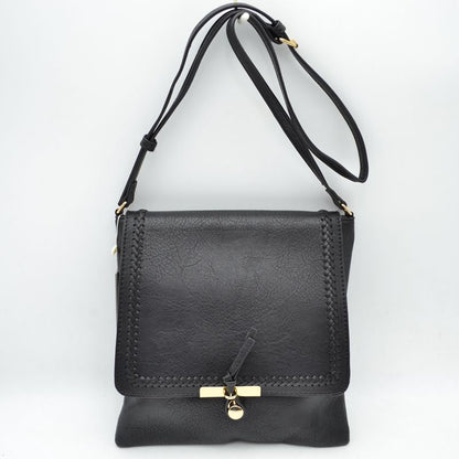 Braided Trim Flap Messenger Crossbody Bag with Metallic Bar T-Lock Closure
