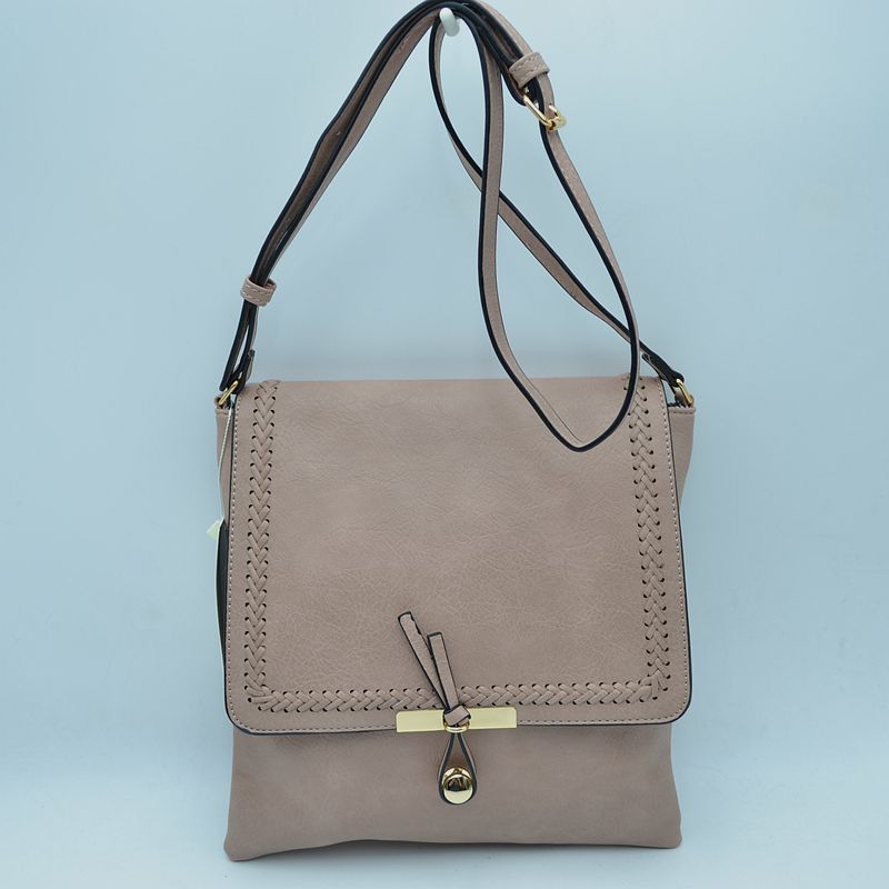 Braided Trim Flap Messenger Crossbody Bag with Metallic Bar T-Lock Closure